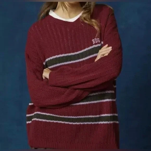 Urban Outfitters BDG Burgundy and Striped Chunky Knit Sweater Medium Grunge - Picture 1 of 9